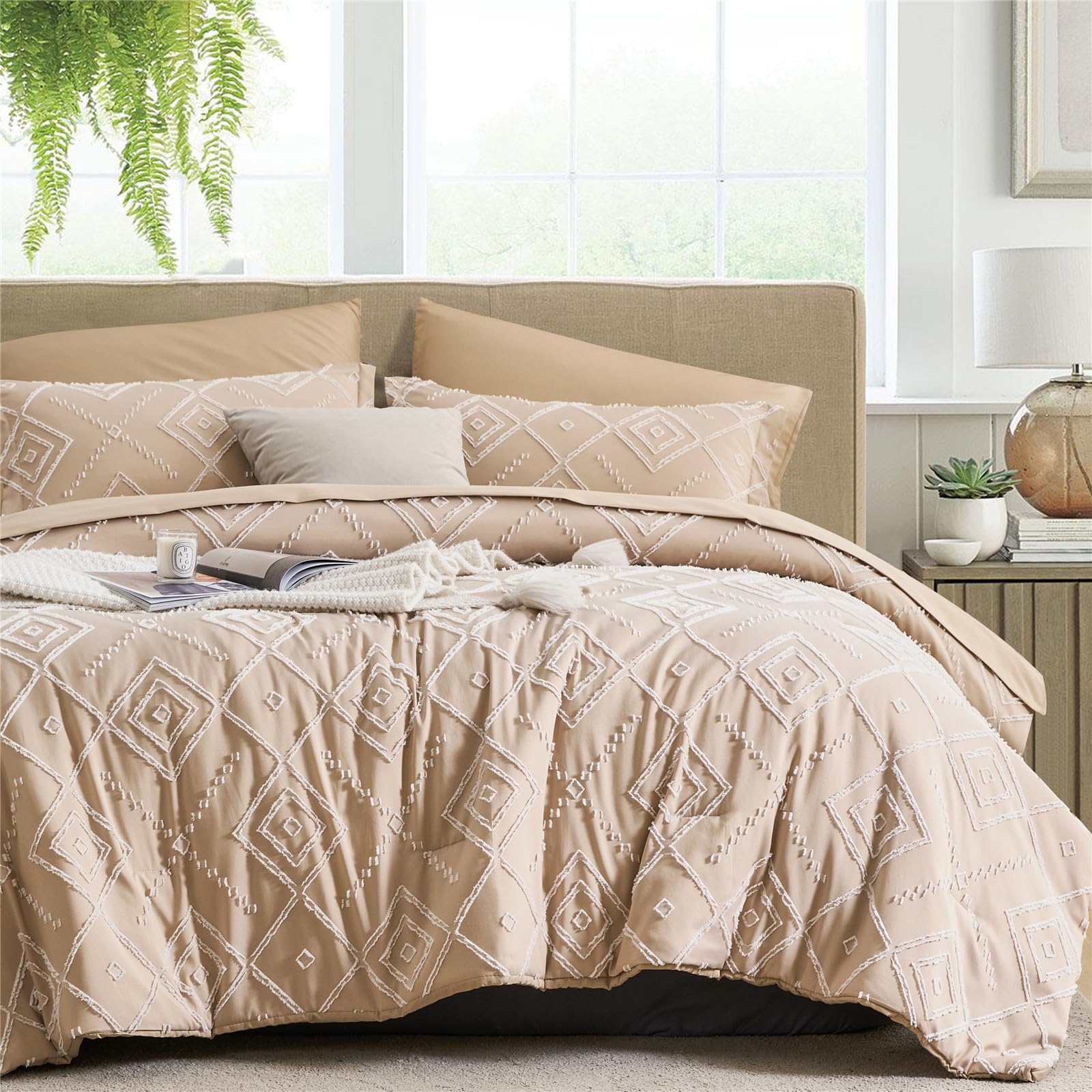 Kakki Khaki Tufted Queen Comforter Set 7 Piece Bed In A Bag, Shabby Chic Boho Comforter And Sheet Set, Soft Microfiber Complete